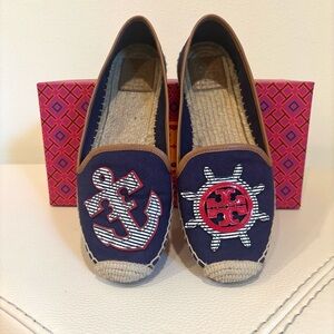 Tory Burch Women’s Maritime Flat Espadrille Size 8 Navy Canvas Nautical Anchor
